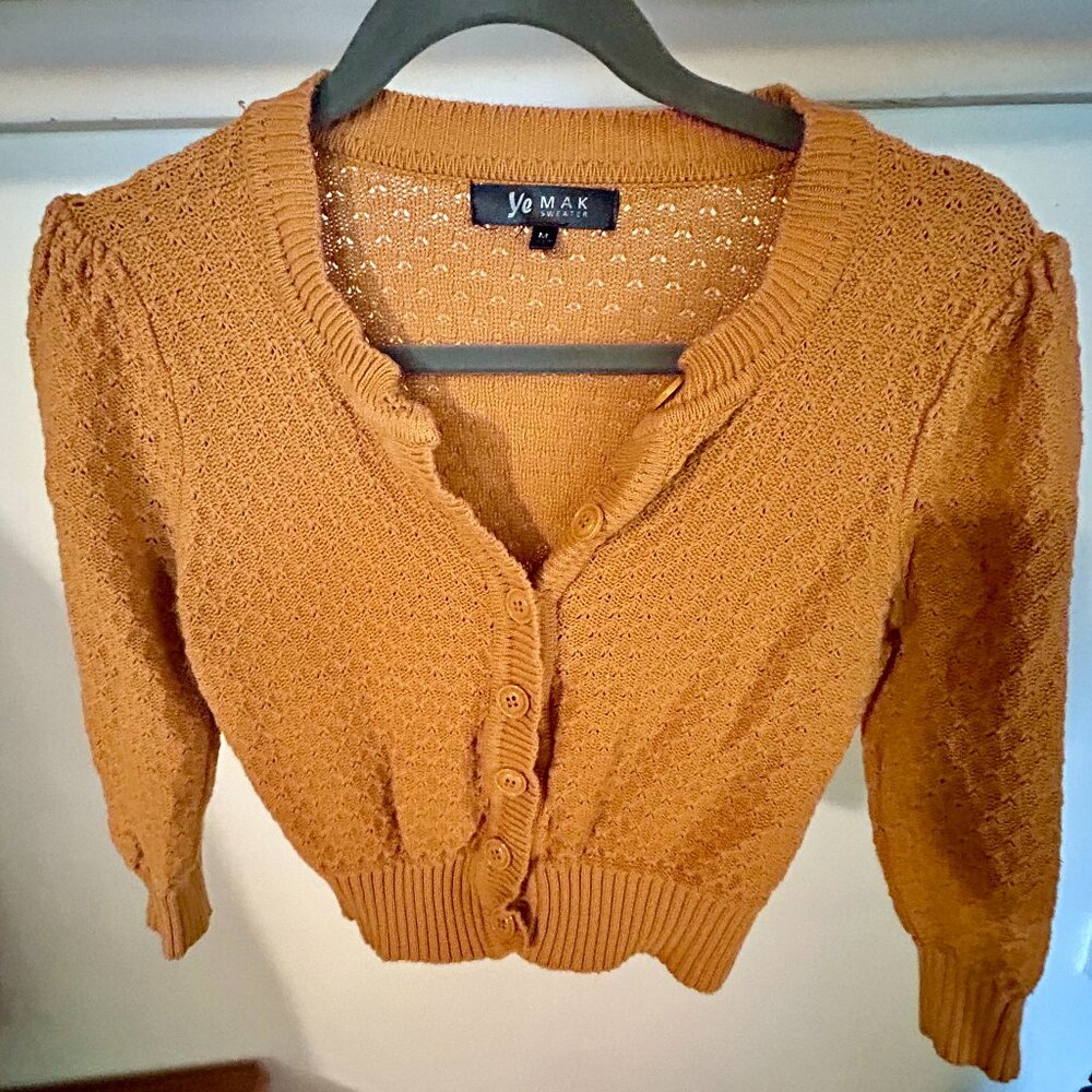Ye Mak Cropped Knit Cardigan, Size M, Mustard